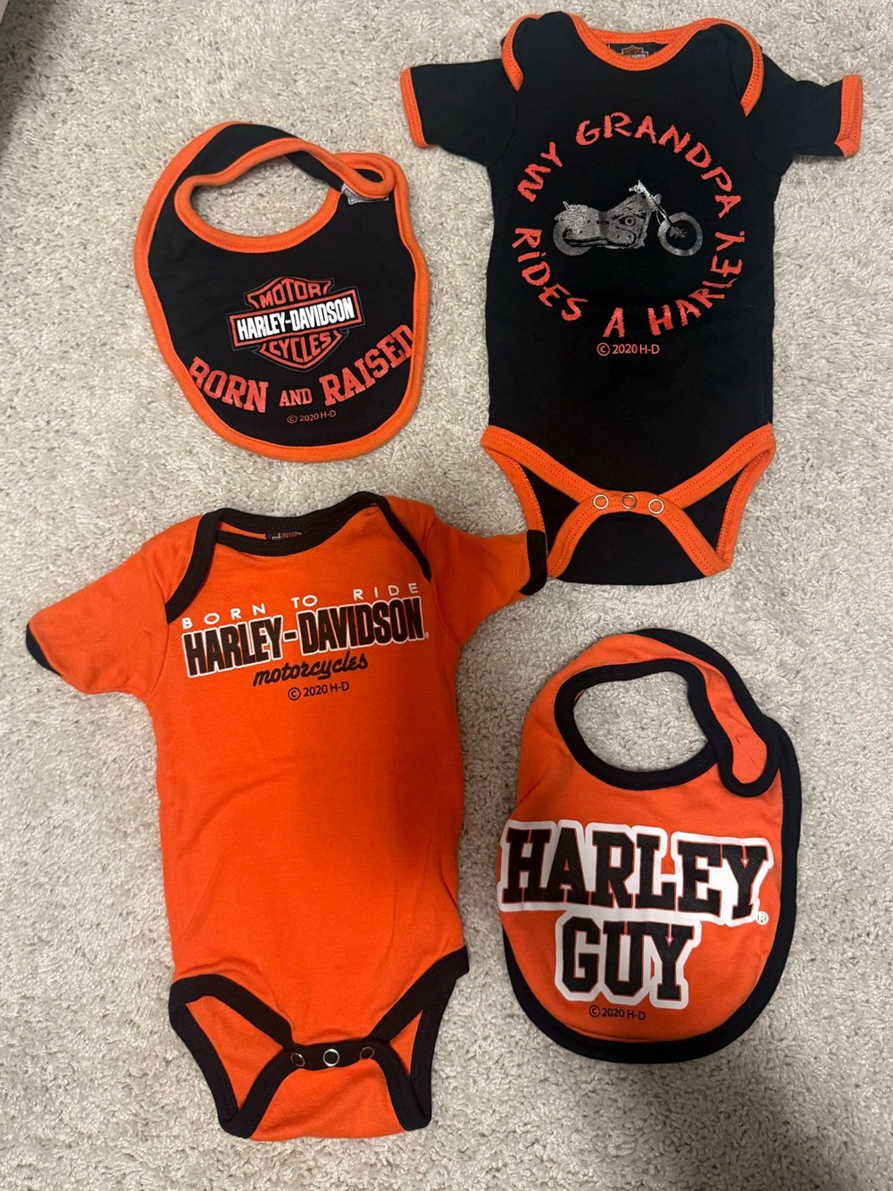 Harley Davidson bodysuits w/ matching bibs 3-6m